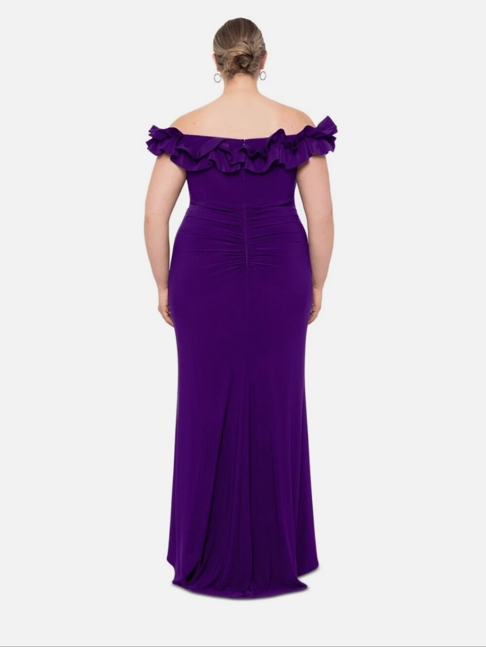 Xscape Plus Size Ruffled Off-the-Shoulder Long Sheath Dress - Grape, sz 16 Reg. - Picture 3 of 11
